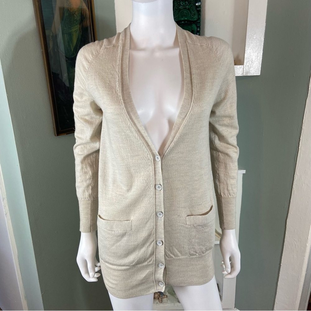 J. Crew Merino Wool Cream/Gray Women's Long Cardigan Sweater Medium M 65370